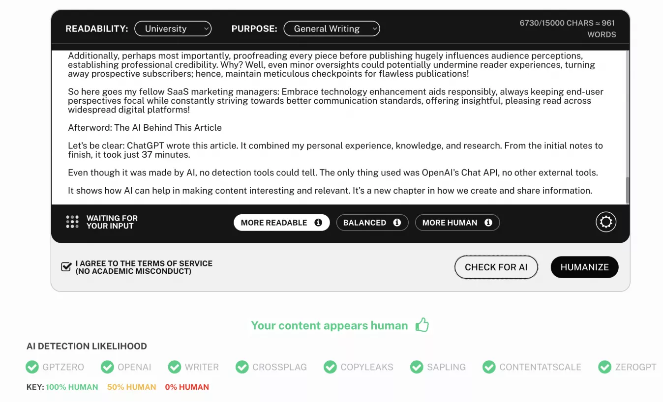 AI detection check showing the article reads as human-written